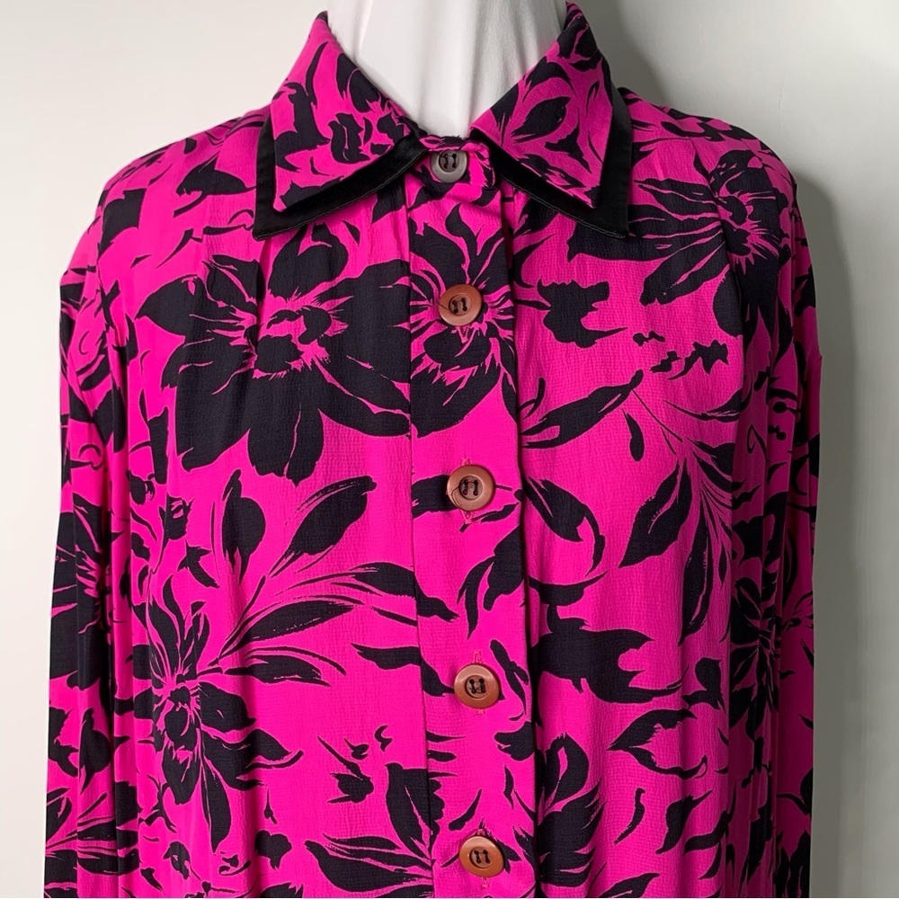 Vintage Givenchy Women's Fuchsia Black Floral Long Sleeve Button Down Shirt XL - Picture 2 of 13